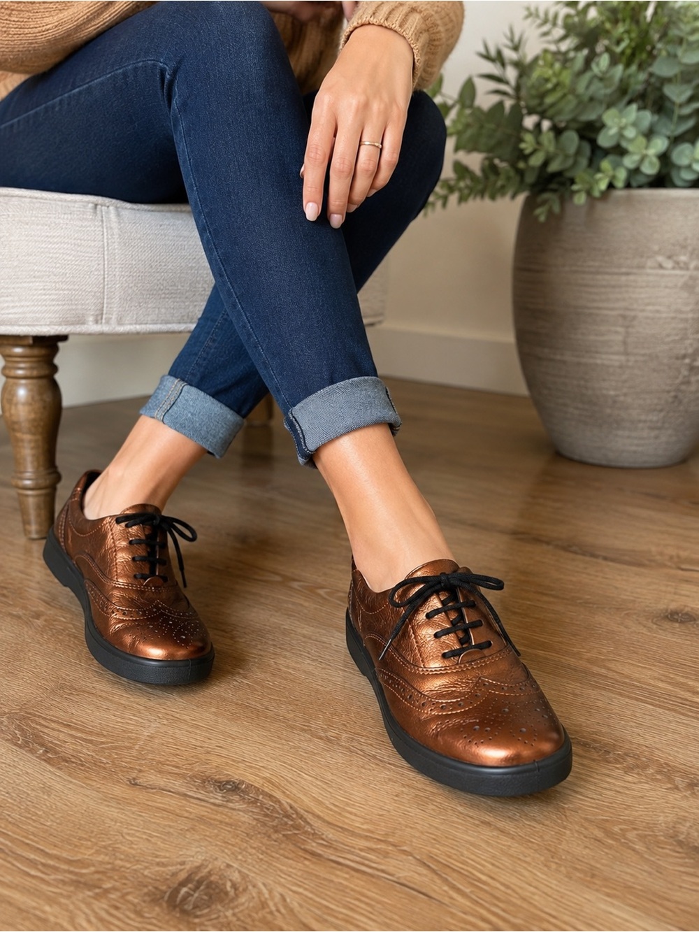 NWOT Hotter Piper Metallic Bronze Leather Brogue Oxford Shoes 7.5